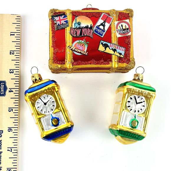 3 VTG Mercury Glass Christmas Ornaments world traveler suitcase Pendulum clocks - Picture 7 of 7